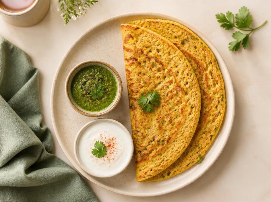 A moong dal chilla breakfast plate with chutney and curd