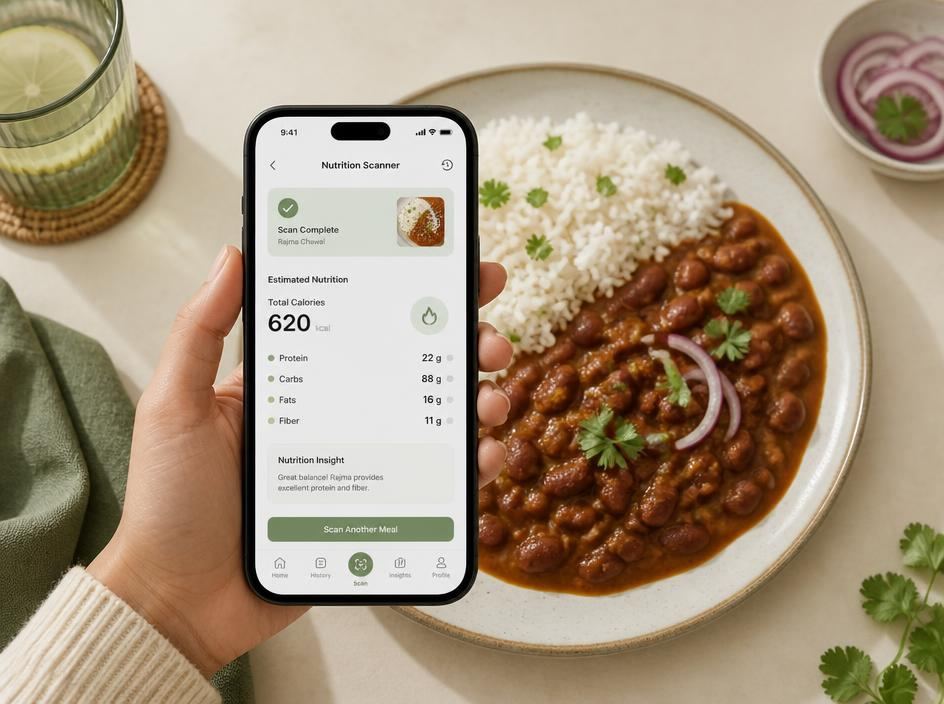 Scanning a rajma-chawal plate with the Plate.Fit meal scanner